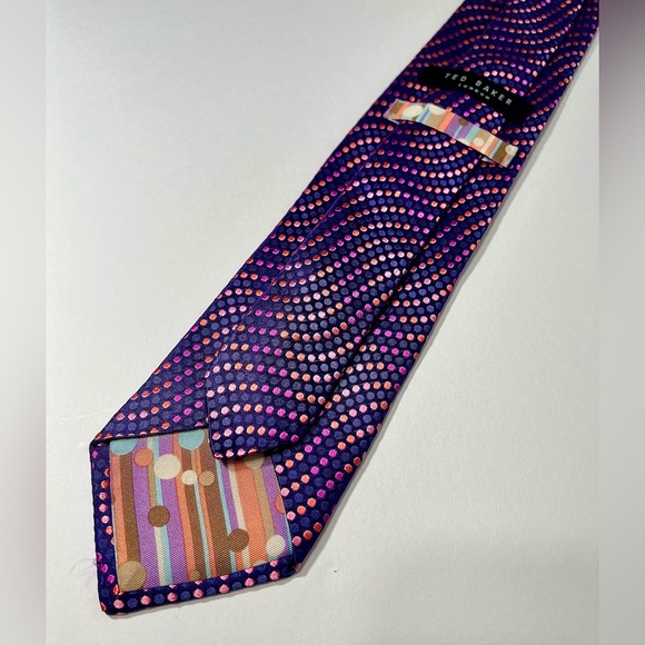 Ted Baker Tie London Purple Wavy Multi Colored Dots 100% Silk Hand Tailored - Picture 5 of 8